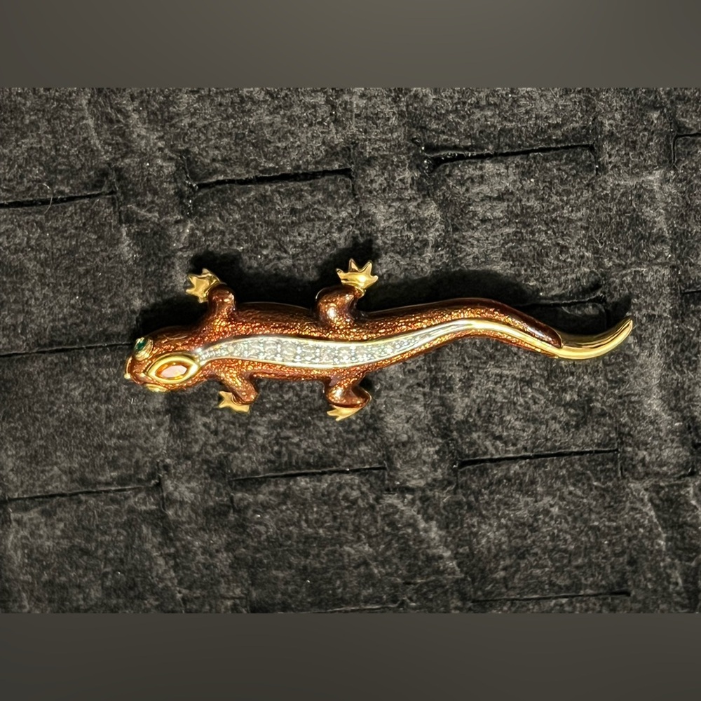 Vintage Gold toned Cz Green and Orange Emerald Lizard Reptile Brooch